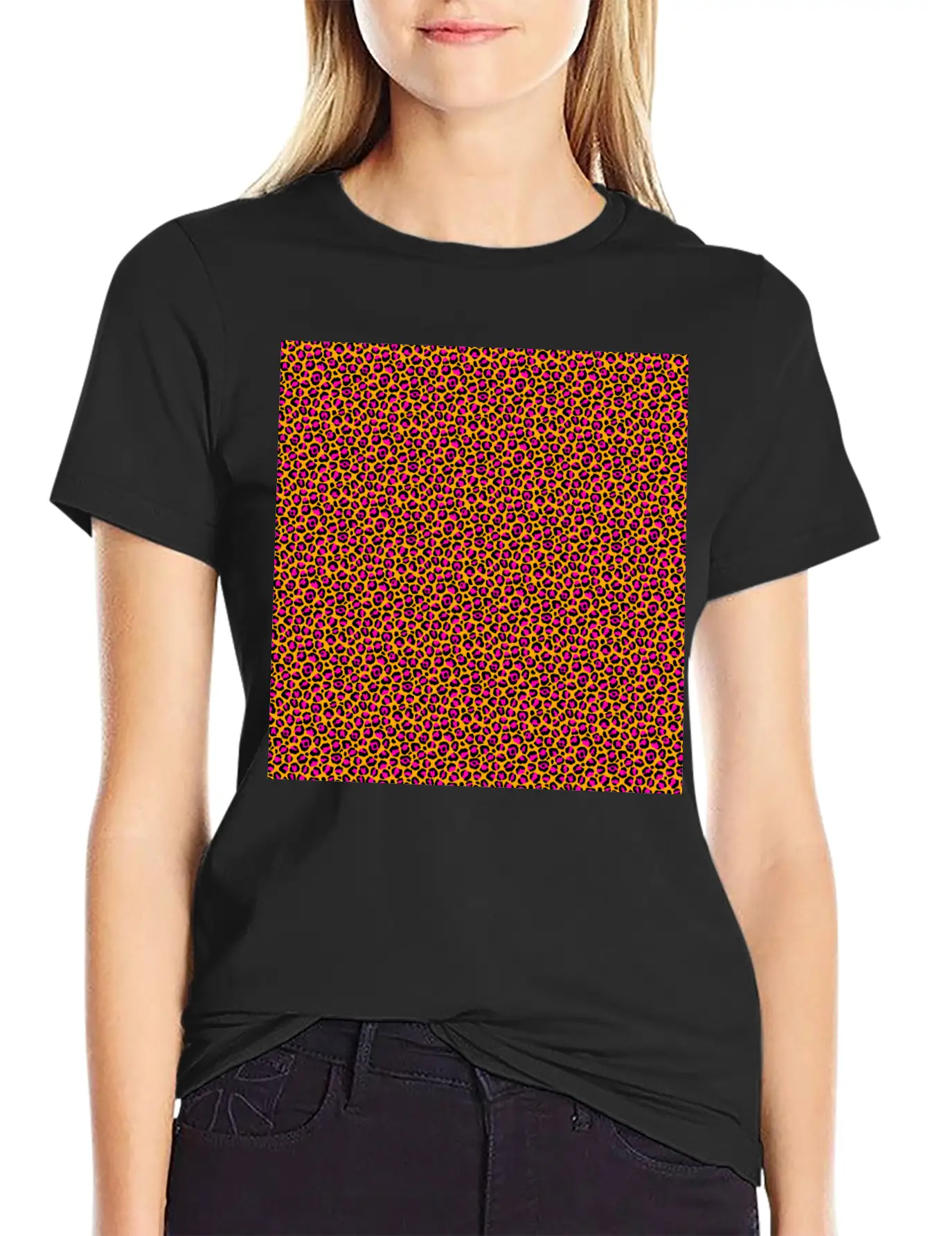 Neon Orange Pink Leopard Pattern Unisex Short Sleeve Soft Cotton T-Shirt – Casual Everyday Wear