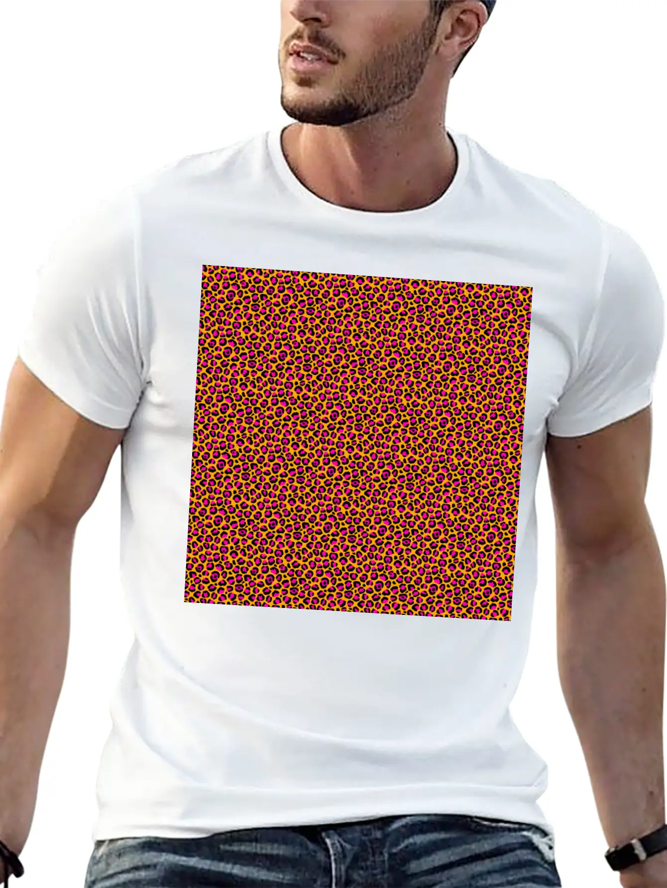 Neon Orange Pink Leopard Pattern Unisex Short Sleeve Soft Cotton T-Shirt – Casual Everyday Wear