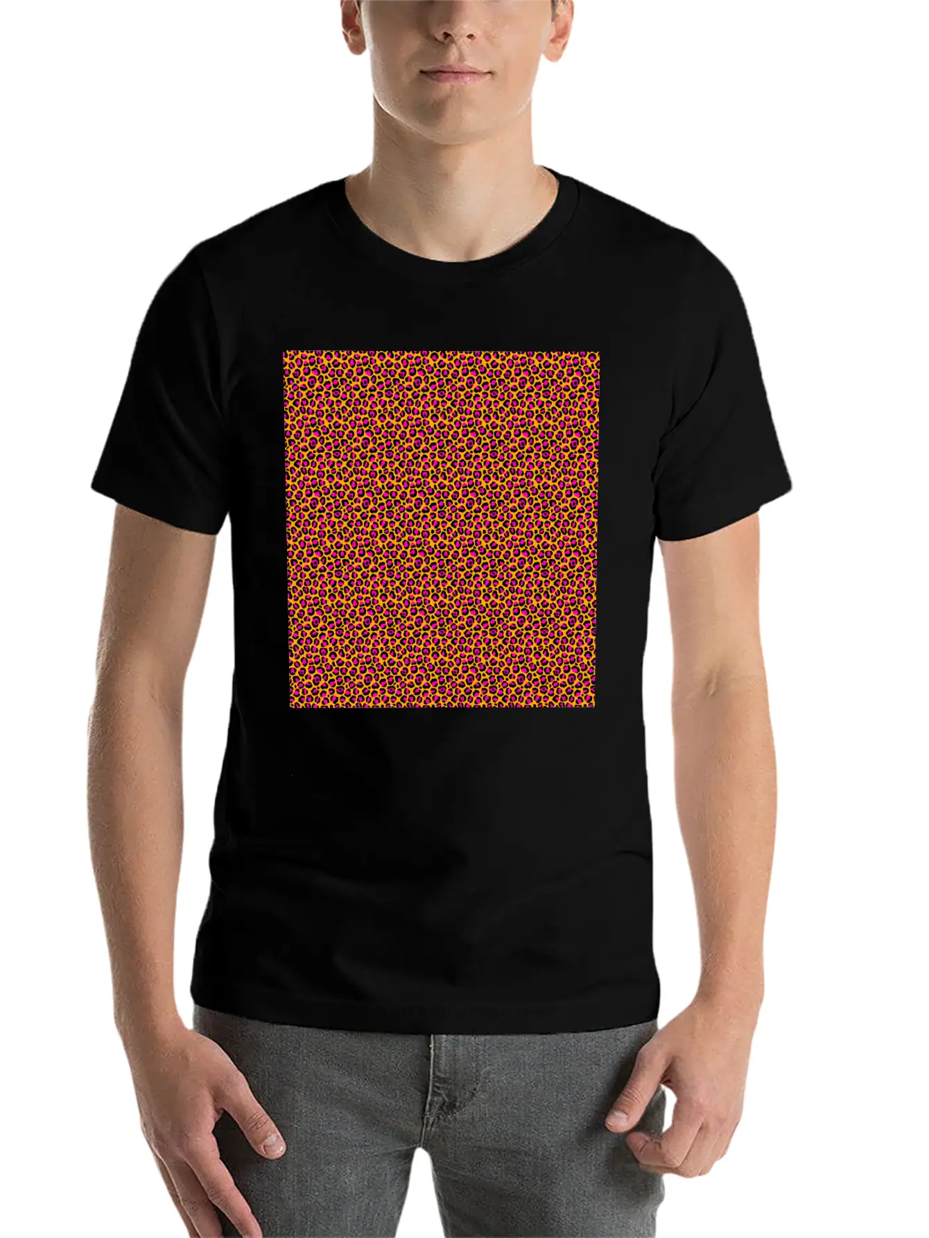 Neon Orange Pink Leopard Pattern Unisex Short Sleeve Soft Cotton T-Shirt – Casual Everyday Wear