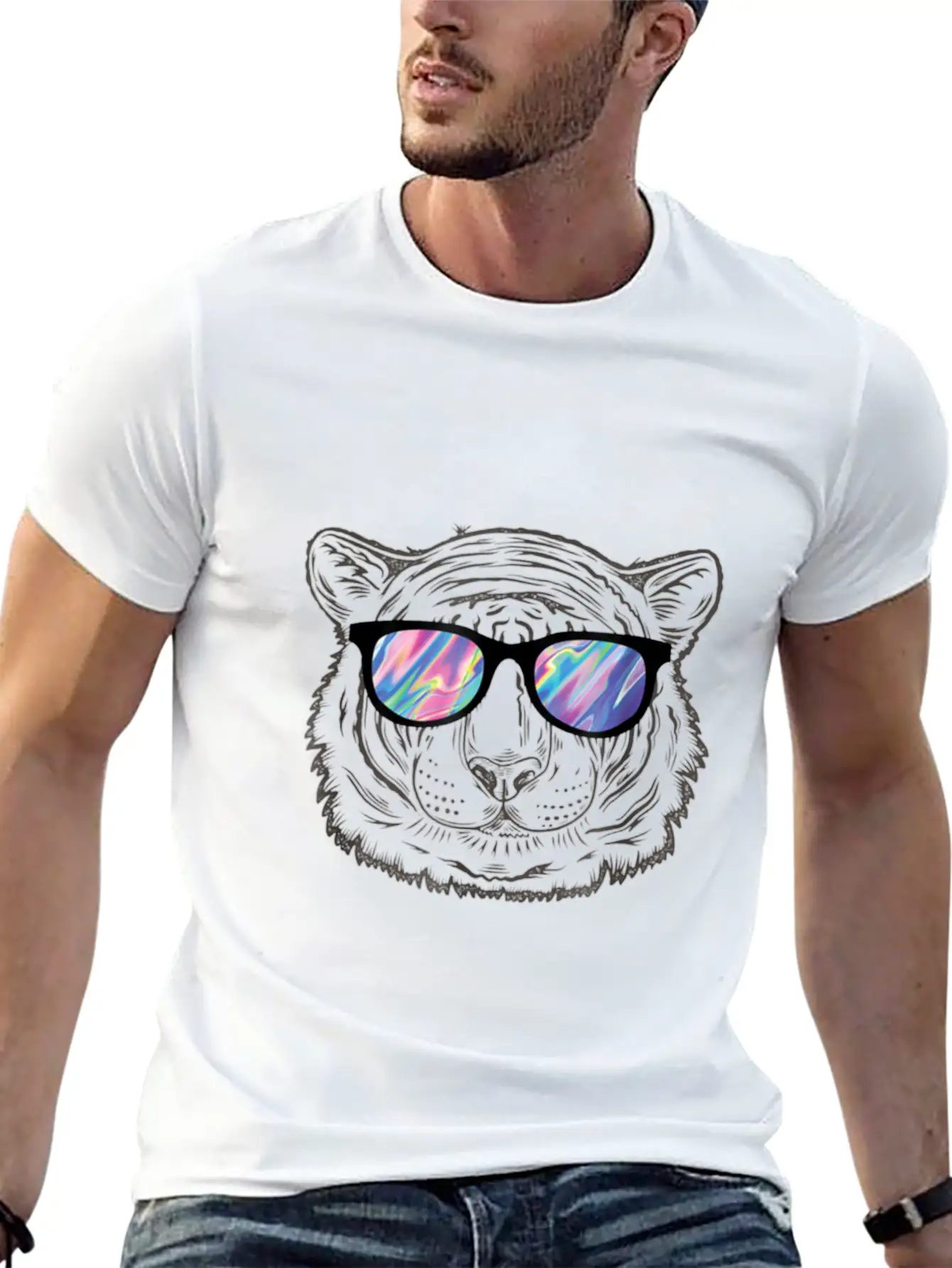 Neon Tiger Animal Party Sunglasses Rave 80s Shirt Unisex Short Sleeve Soft Cotton T-Shirt – Casual Everyday Wear