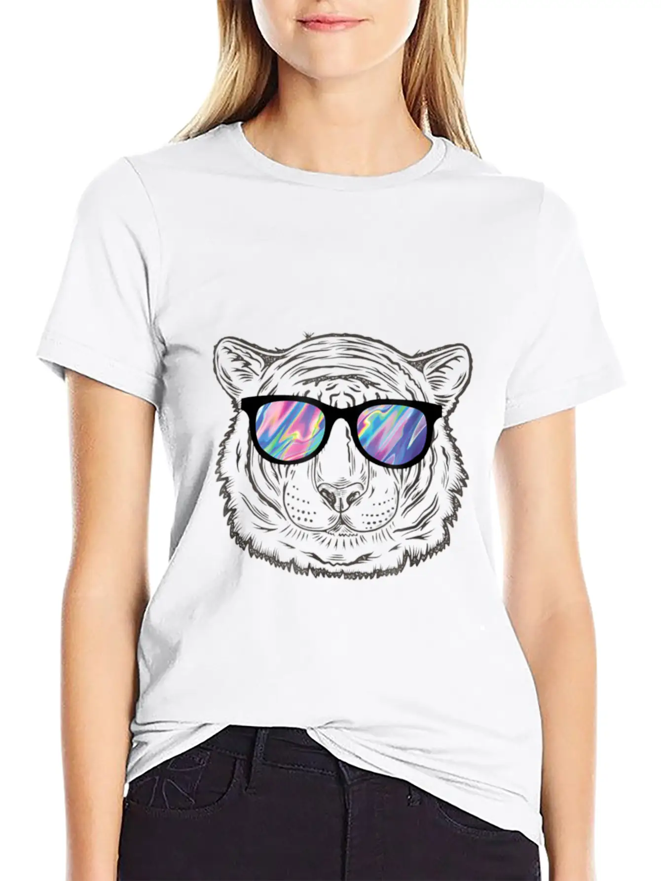 Neon Tiger Animal Party Sunglasses Rave 80s Shirt Unisex Short Sleeve Soft Cotton T-Shirt – Casual Everyday Wear