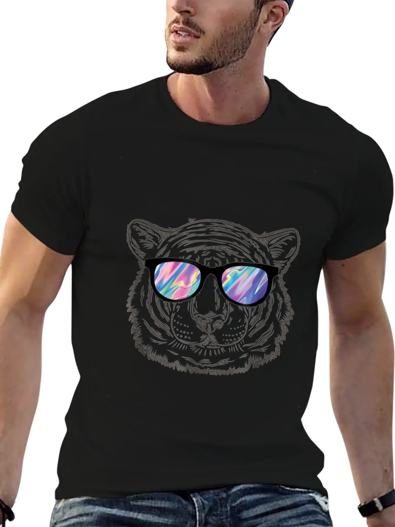 Neon Tiger Animal Party Sunglasses Rave 80s Shirt Unisex Short Sleeve Soft Cotton T-Shirt – Casual Everyday Wear