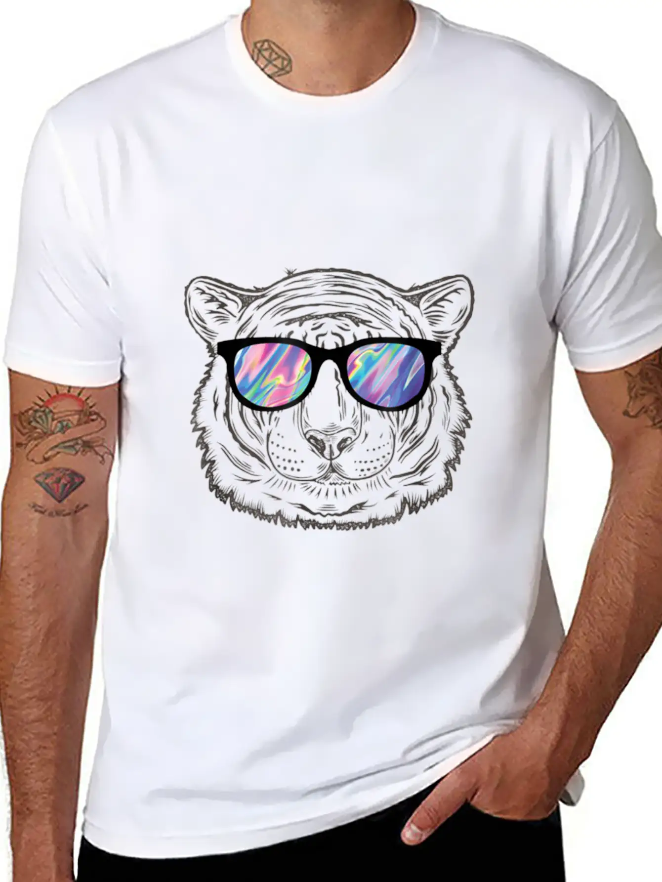 Neon Tiger Animal Party Sunglasses Rave 80s Shirt Unisex Short Sleeve Soft Cotton T-Shirt – Casual Everyday Wear