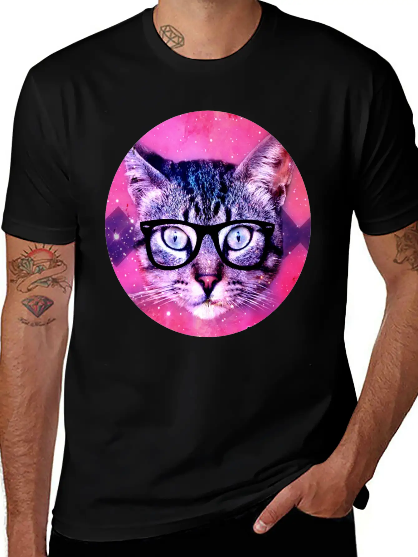 Nerd Kitty In Space Hipster Unisex Short Sleeve Soft Cotton T-Shirt – Casual Everyday Wear