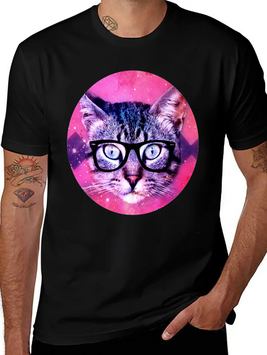 Nerd Kitty In Space Hipster Unisex Short Sleeve Soft Cotton T-Shirt – Casual Everyday Wear
