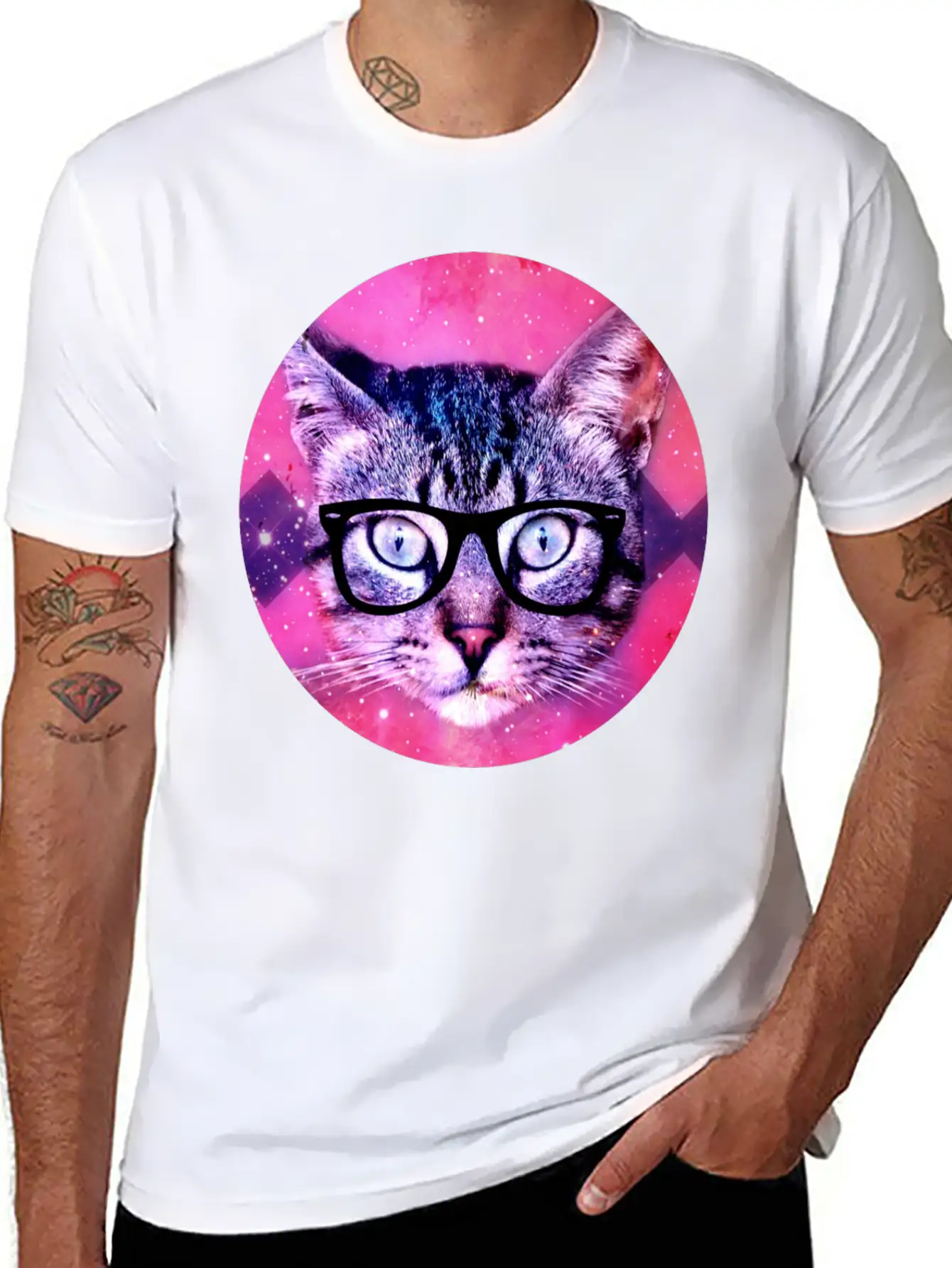 Nerd Kitty In Space Hipster Unisex Short Sleeve Soft Cotton T-Shirt – Casual Everyday Wear