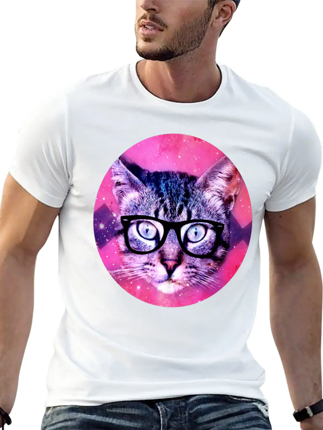 Nerd Kitty In Space Hipster Unisex Short Sleeve Soft Cotton T-Shirt – Casual Everyday Wear