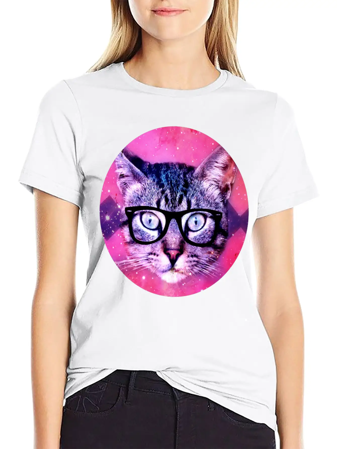 Nerd Kitty In Space Hipster Unisex Short Sleeve Soft Cotton T-Shirt – Casual Everyday Wear