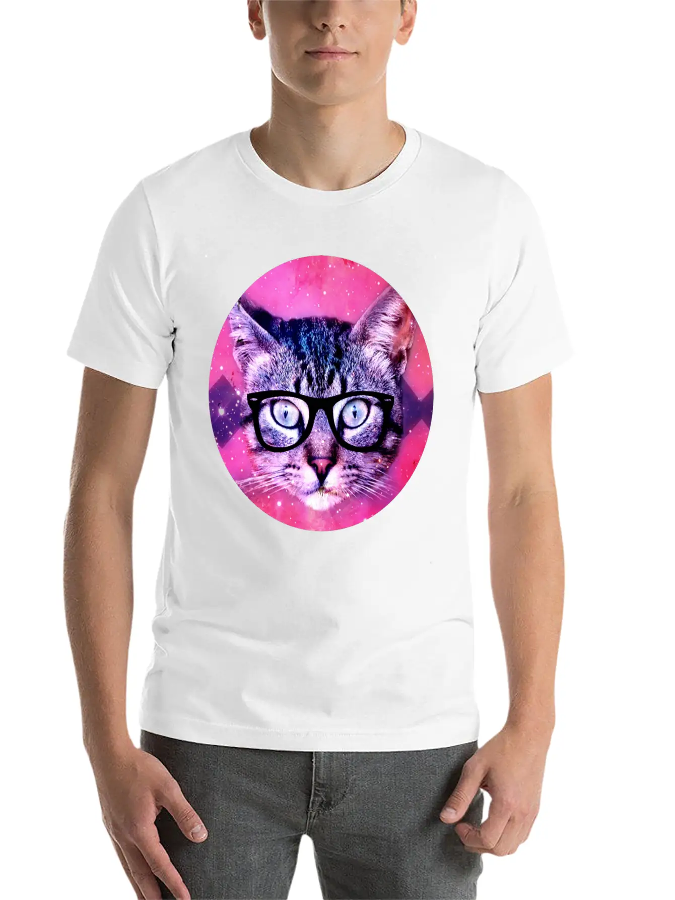 Nerd Kitty In Space Hipster Unisex Short Sleeve Soft Cotton T-Shirt – Casual Everyday Wear