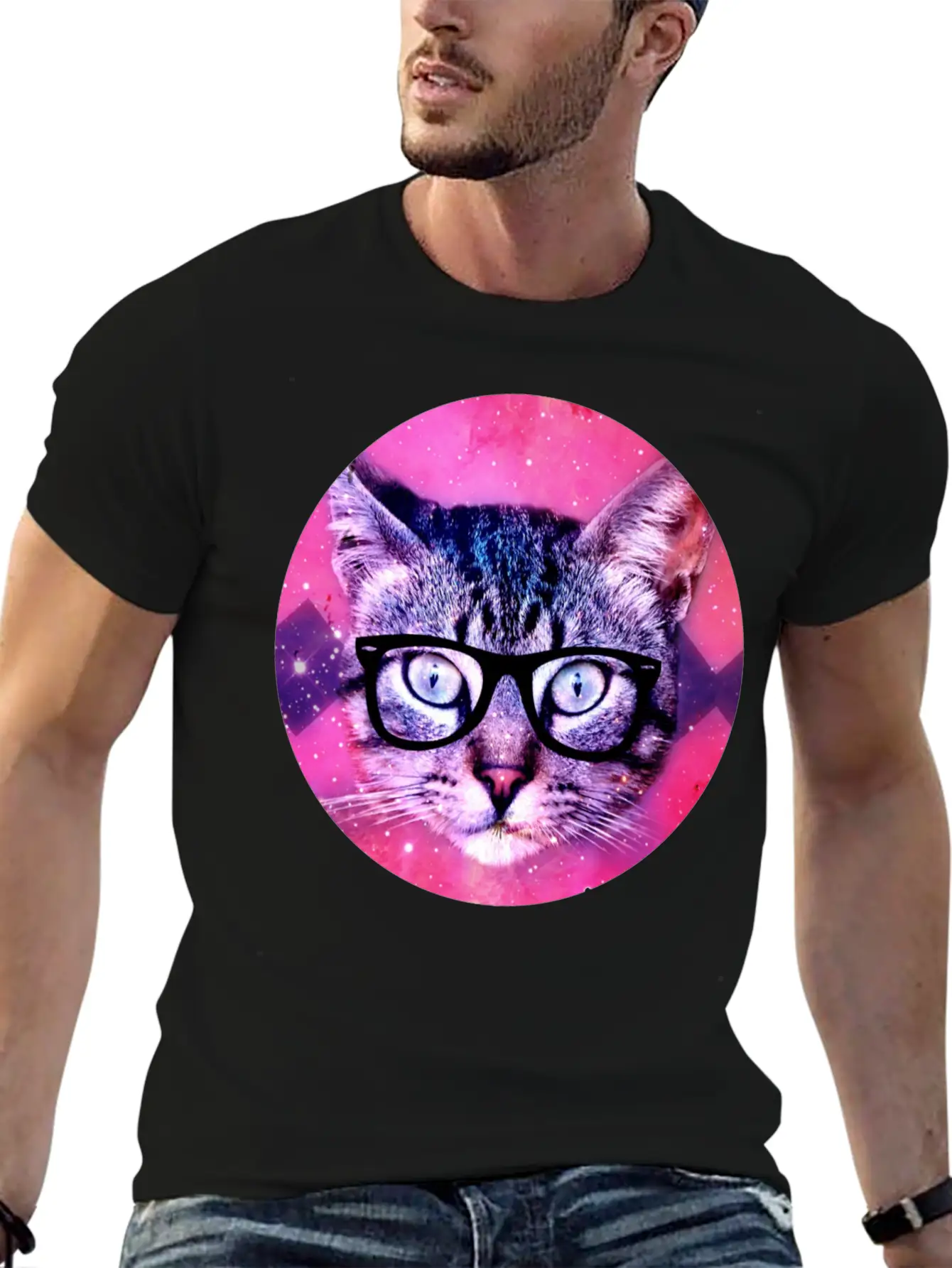 Nerd Kitty In Space Hipster Unisex Short Sleeve Soft Cotton T-Shirt – Casual Everyday Wear