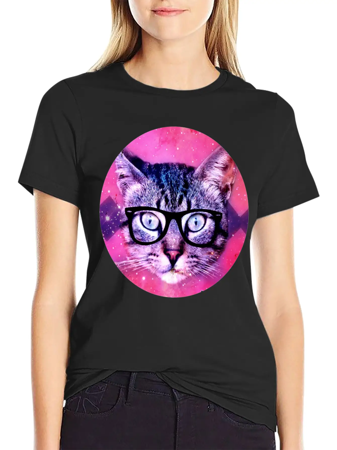 Nerd Kitty In Space Hipster Unisex Short Sleeve Soft Cotton T-Shirt – Casual Everyday Wear