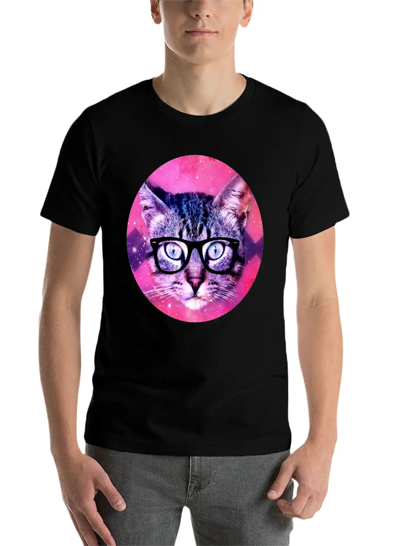 Nerd Kitty In Space Hipster Unisex Short Sleeve Soft Cotton T-Shirt – Casual Everyday Wear