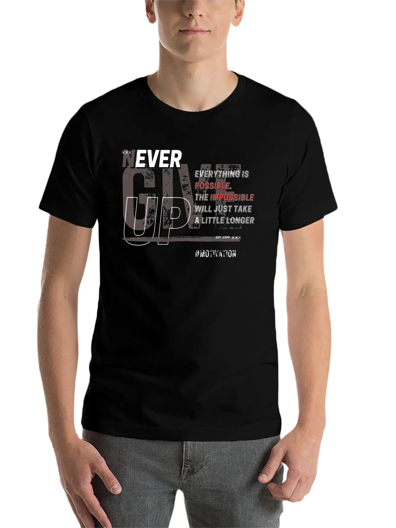NEVER GIVE UP Unisex Short Sleeve Soft Cotton T-Shirt – Casual Everyday Wear