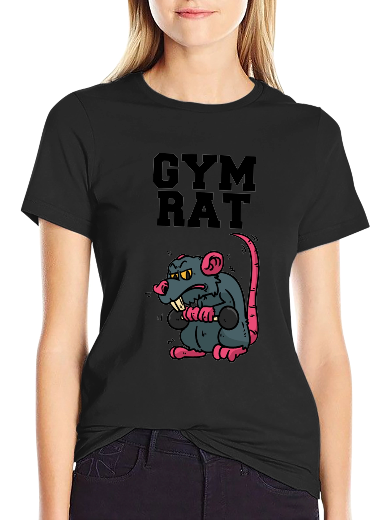 Gym Rat Cartoon Graphic Black T-Shirt