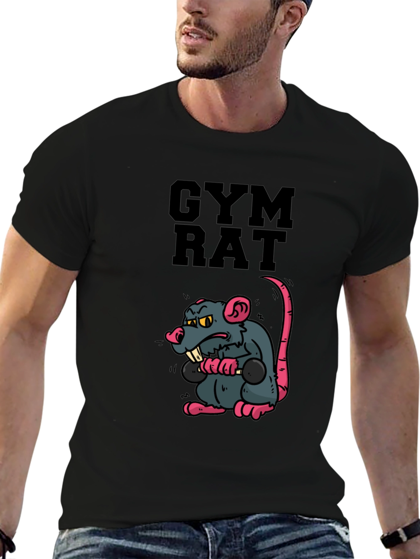 Gym Rat Cartoon Graphic Black T-Shirt