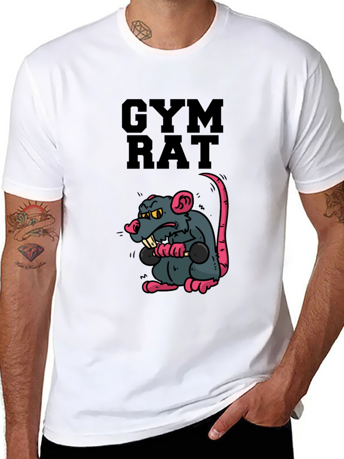 Gym Rat Cartoon Graphic Black T-Shirt