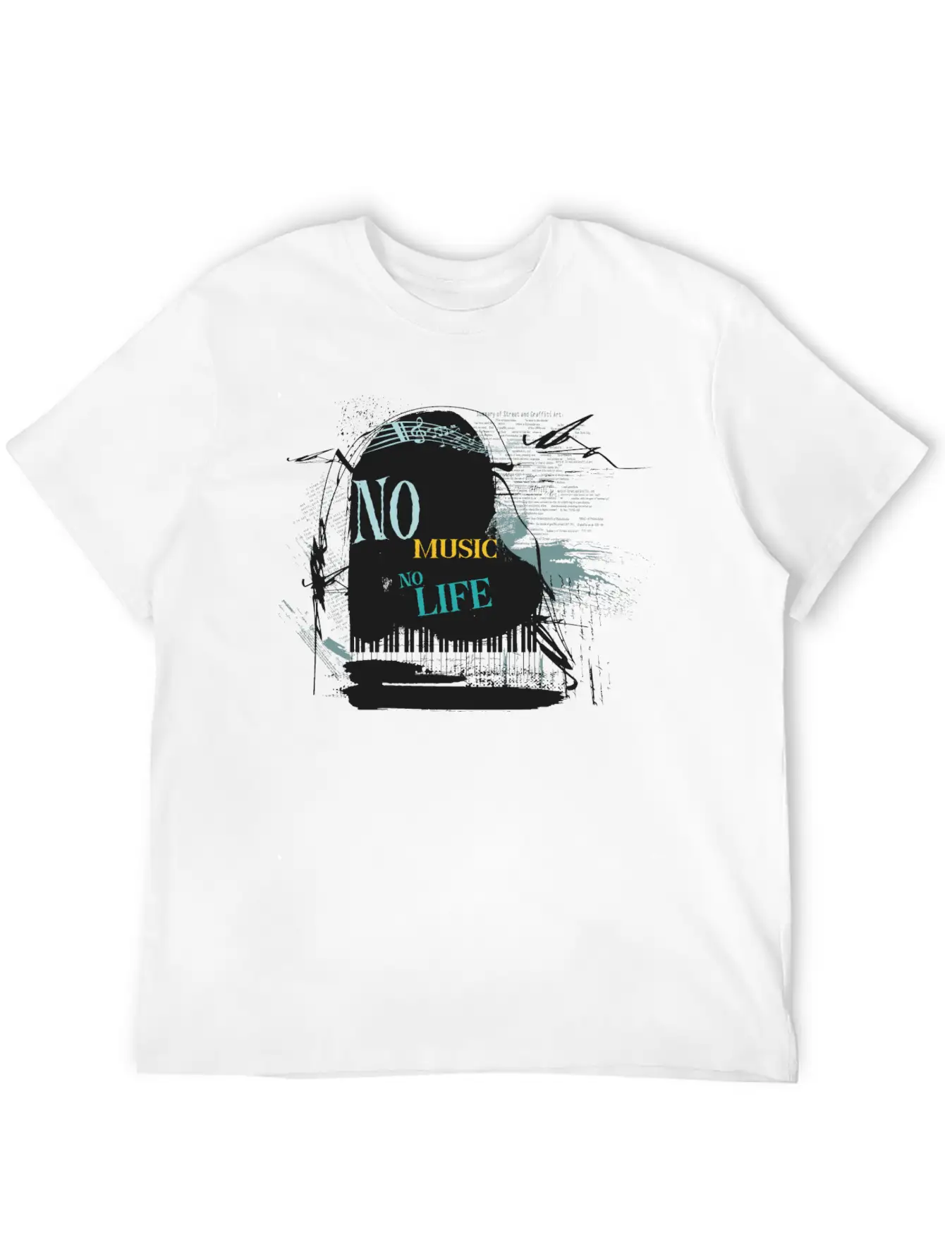 No Music No Life Vintage Classical Piano Grunge Stylish Everyday T-Shirt – Unisex Basic Cotton Tee
