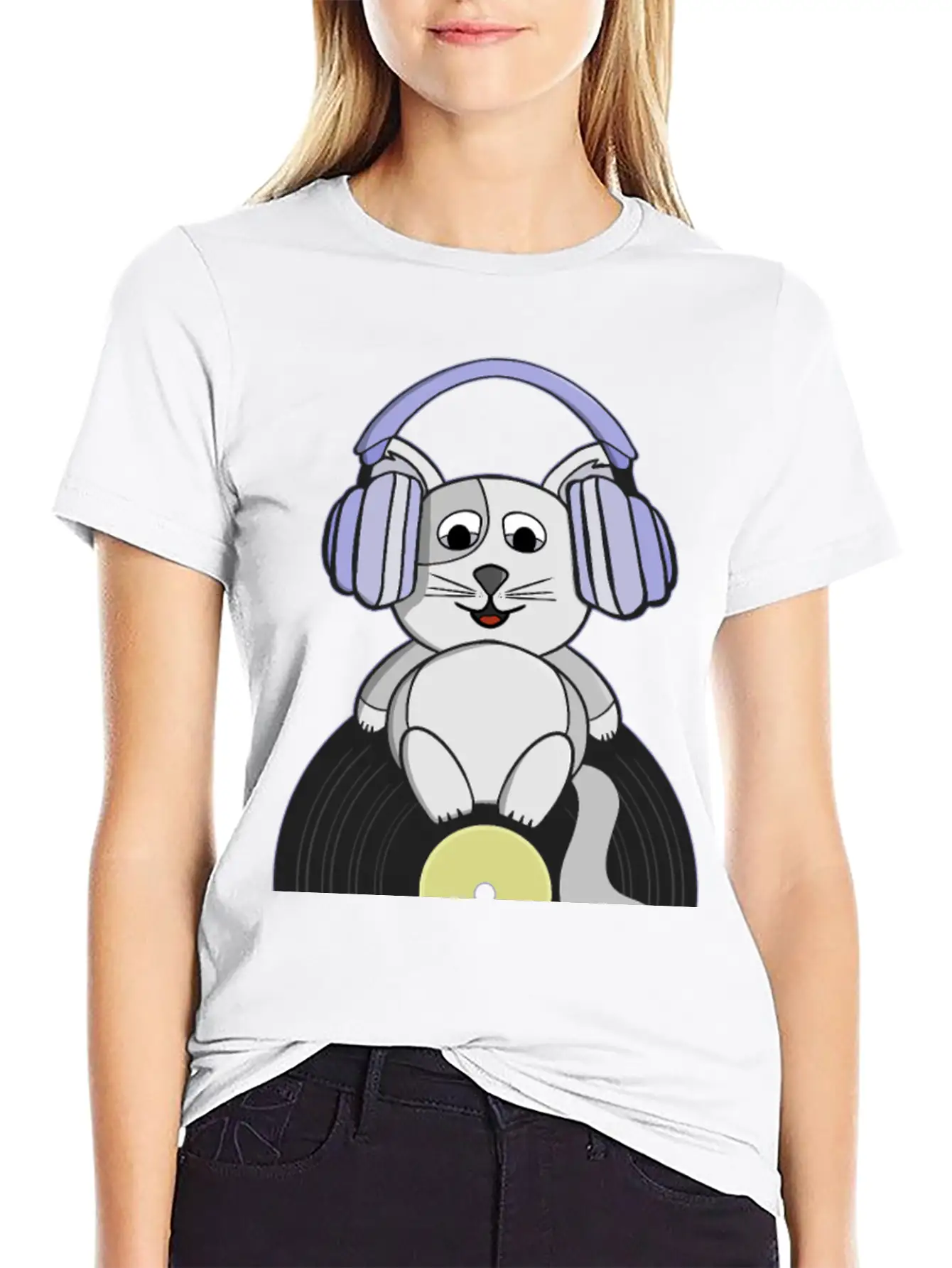 Nostalgic Kitten Who Loves Vinyl Records Essential Unisex Summer Tee – Soft Cotton Casual Fit