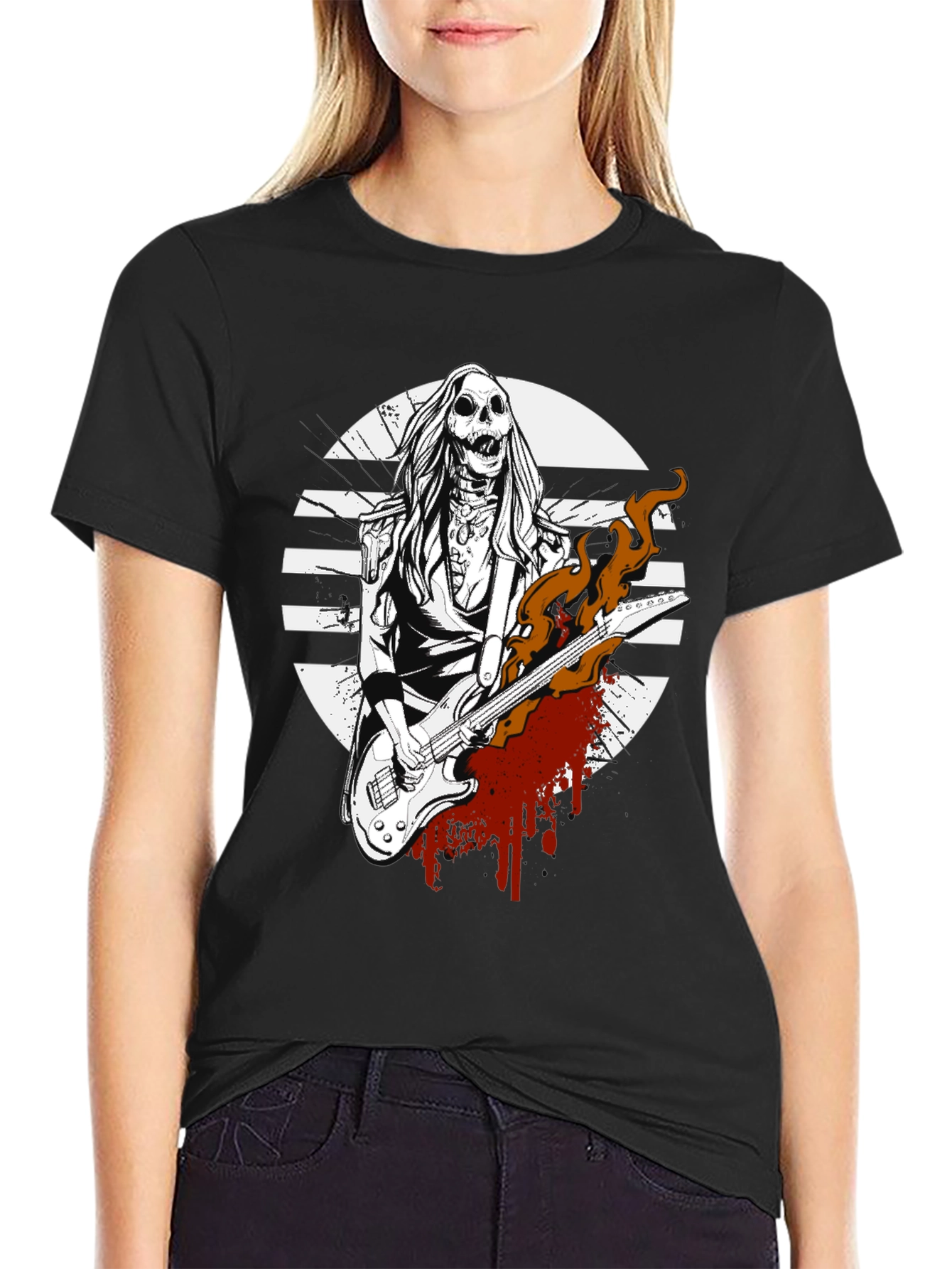 Rock On! Skeleton Guitarist Graphic Tee - Black