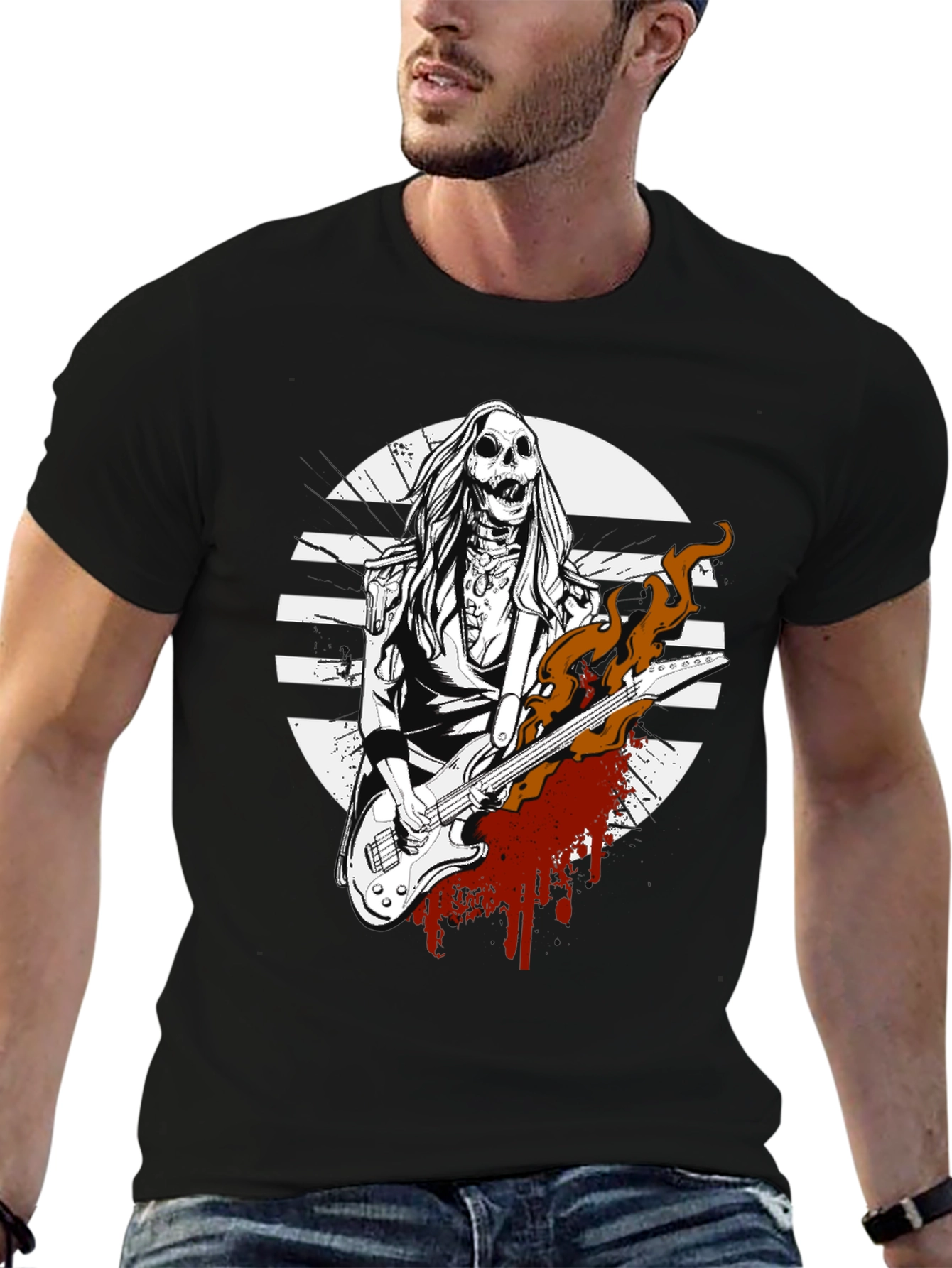 Rock On! Skeleton Guitarist Graphic Tee - Black