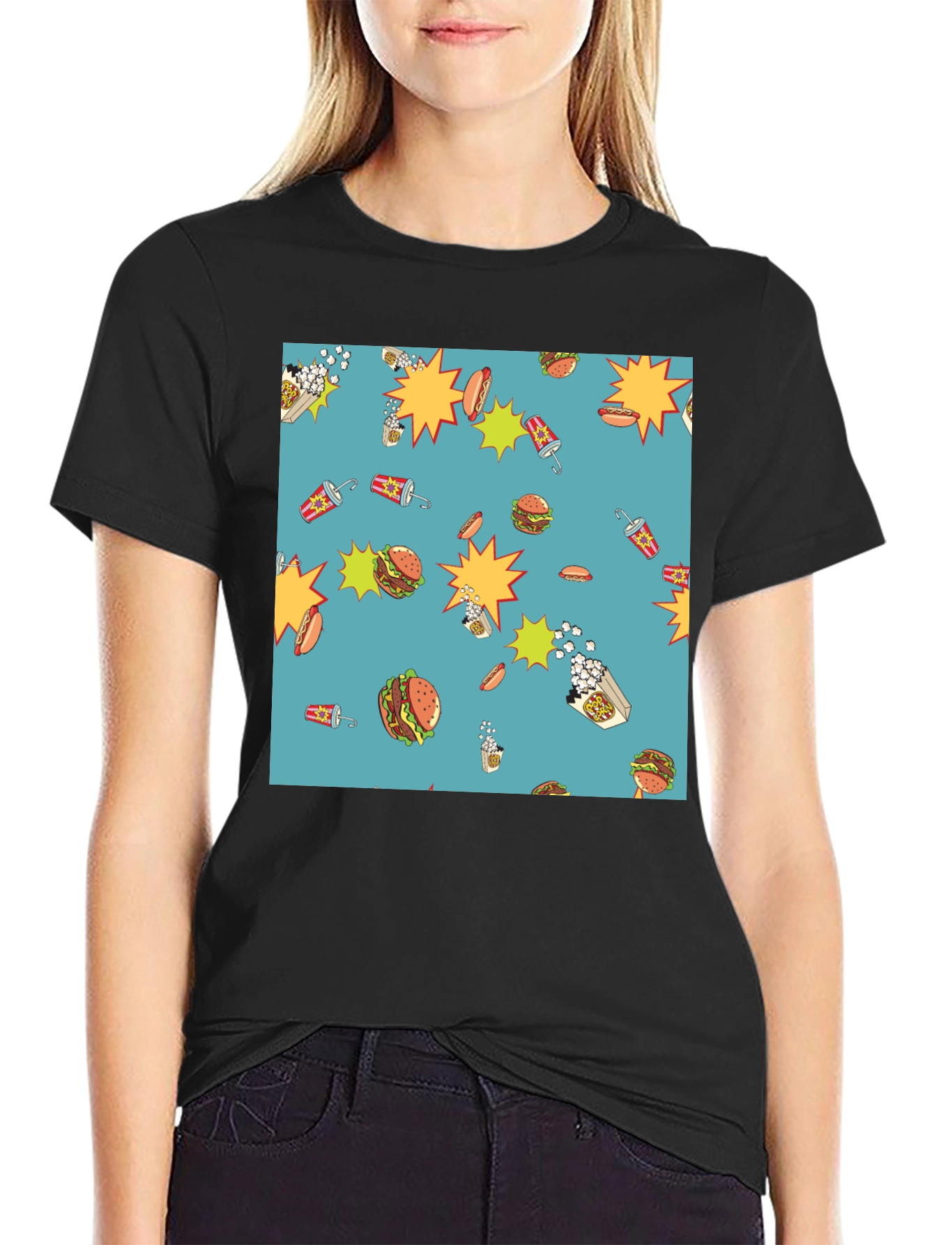 Novelty Food Pattern Black T-Shirt
