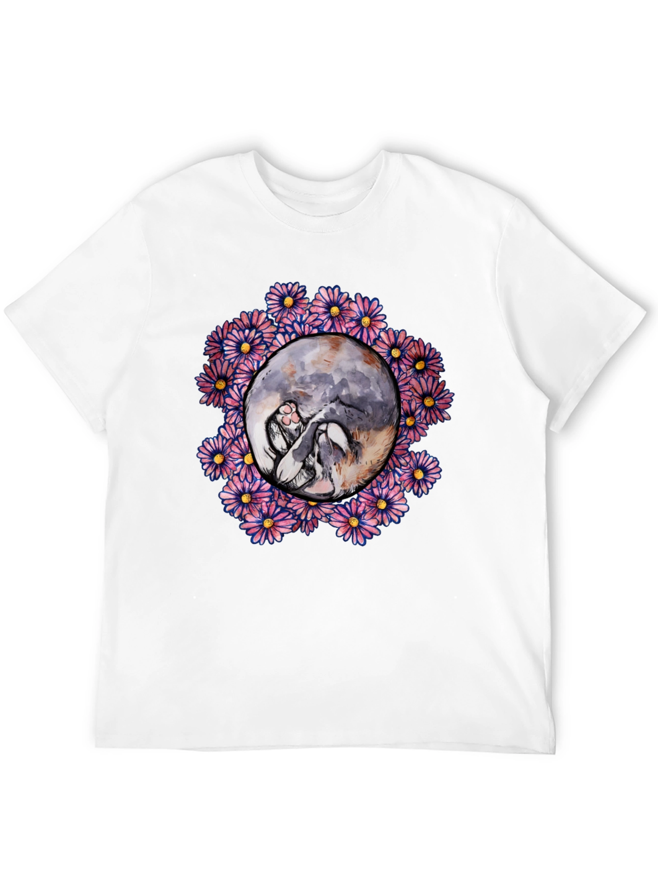 Floral Cat Circle Graphic Black T-Shirt