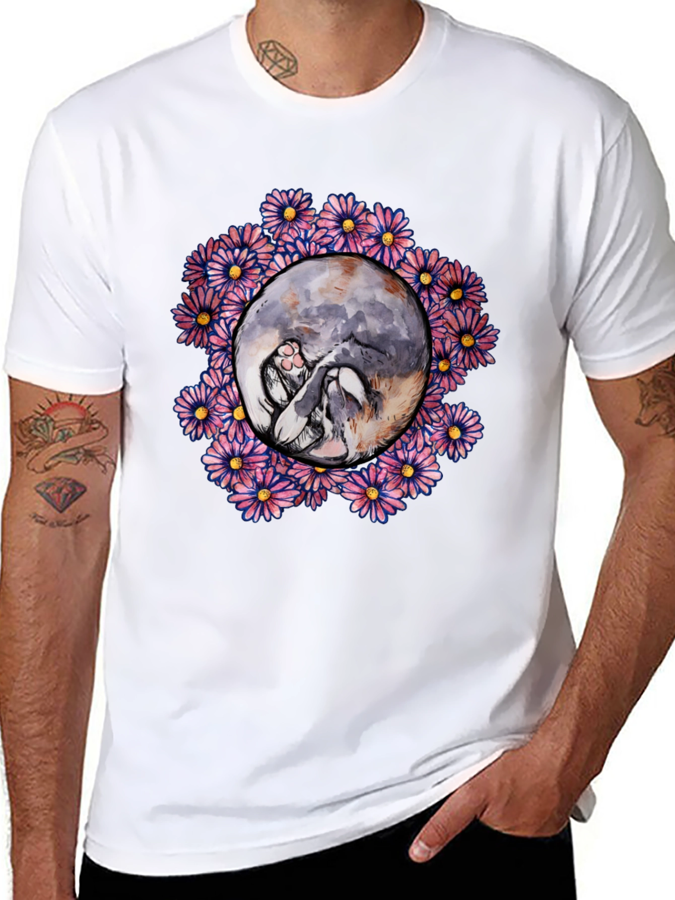 Floral Cat Circle Graphic Black T-Shirt