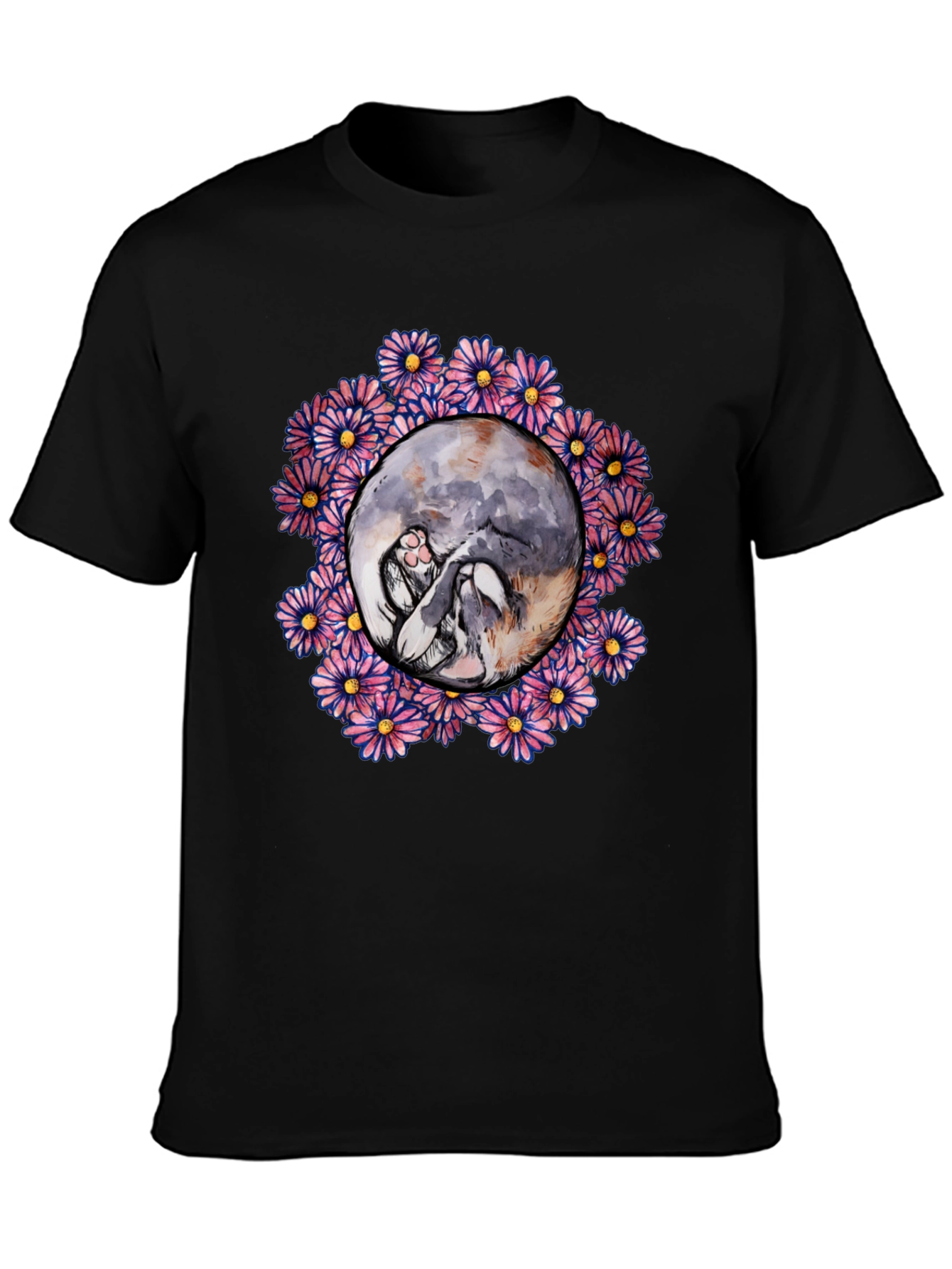 Floral Cat Circle Graphic Black T-Shirt