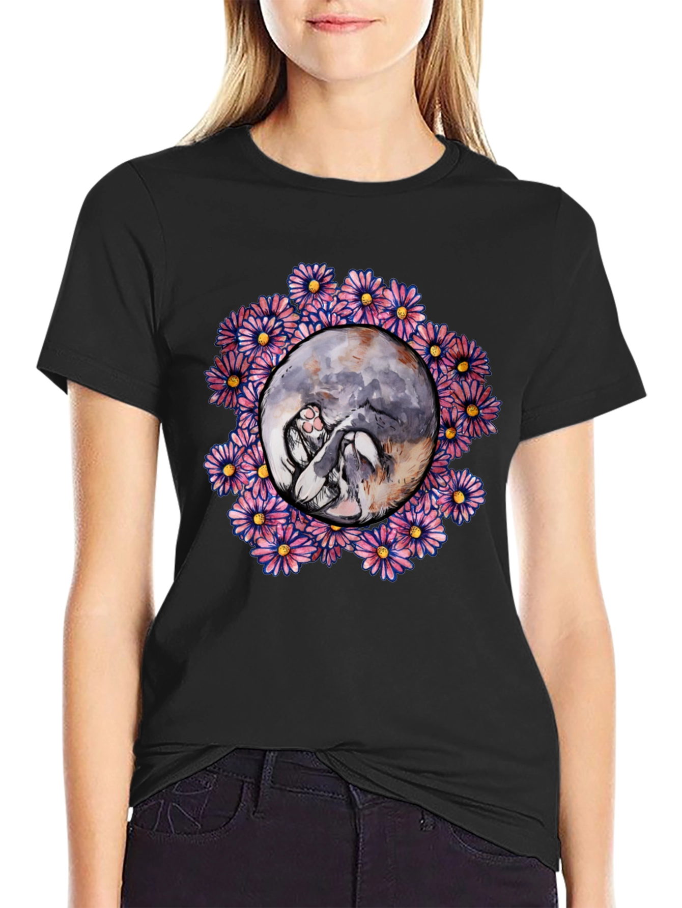 Floral Cat Circle Graphic Black T-Shirt
