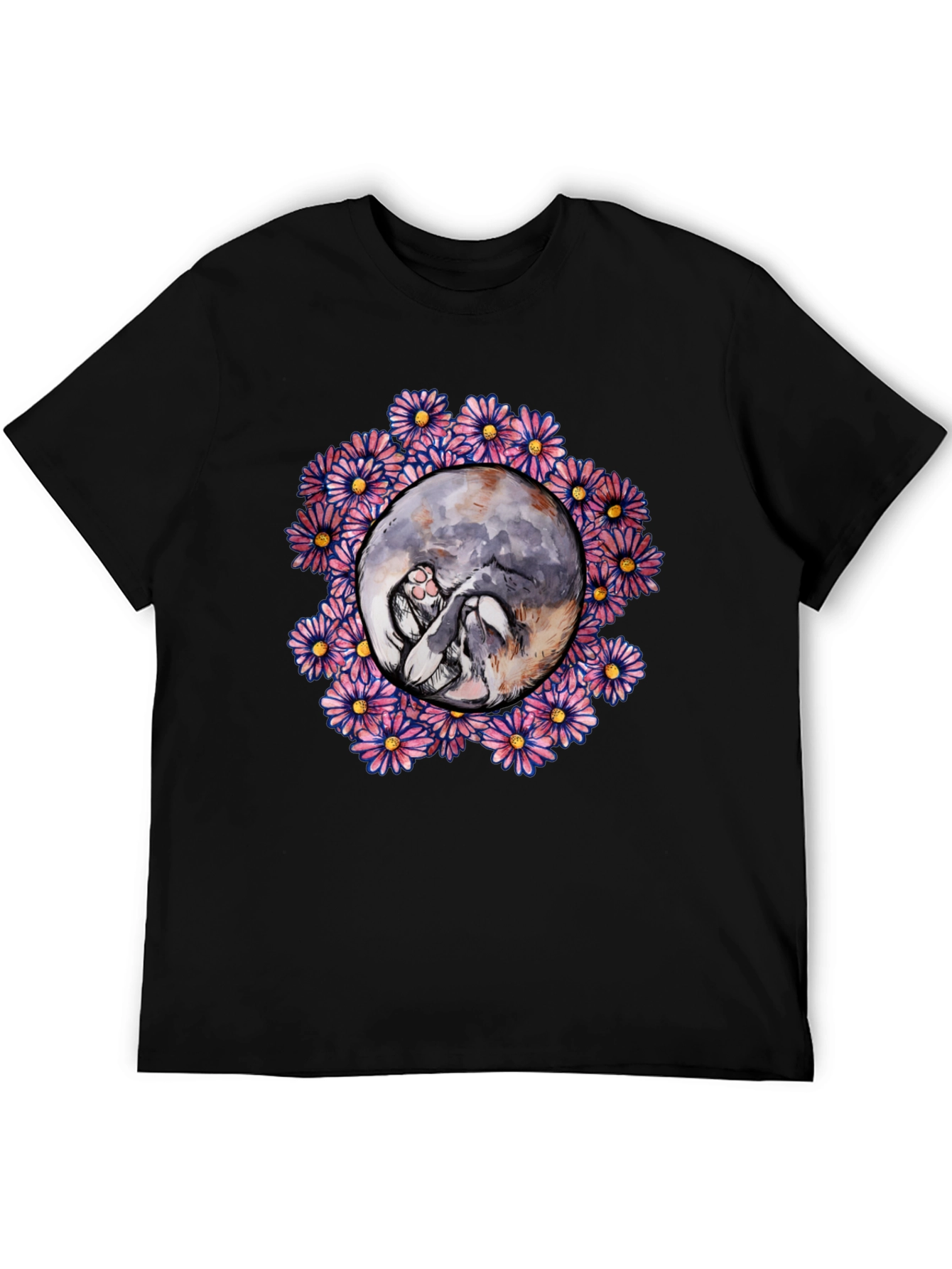 Floral Cat Circle Graphic Black T-Shirt