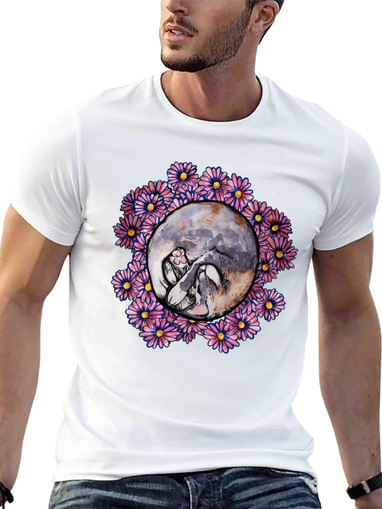Floral Cat Circle Graphic Black T-Shirt