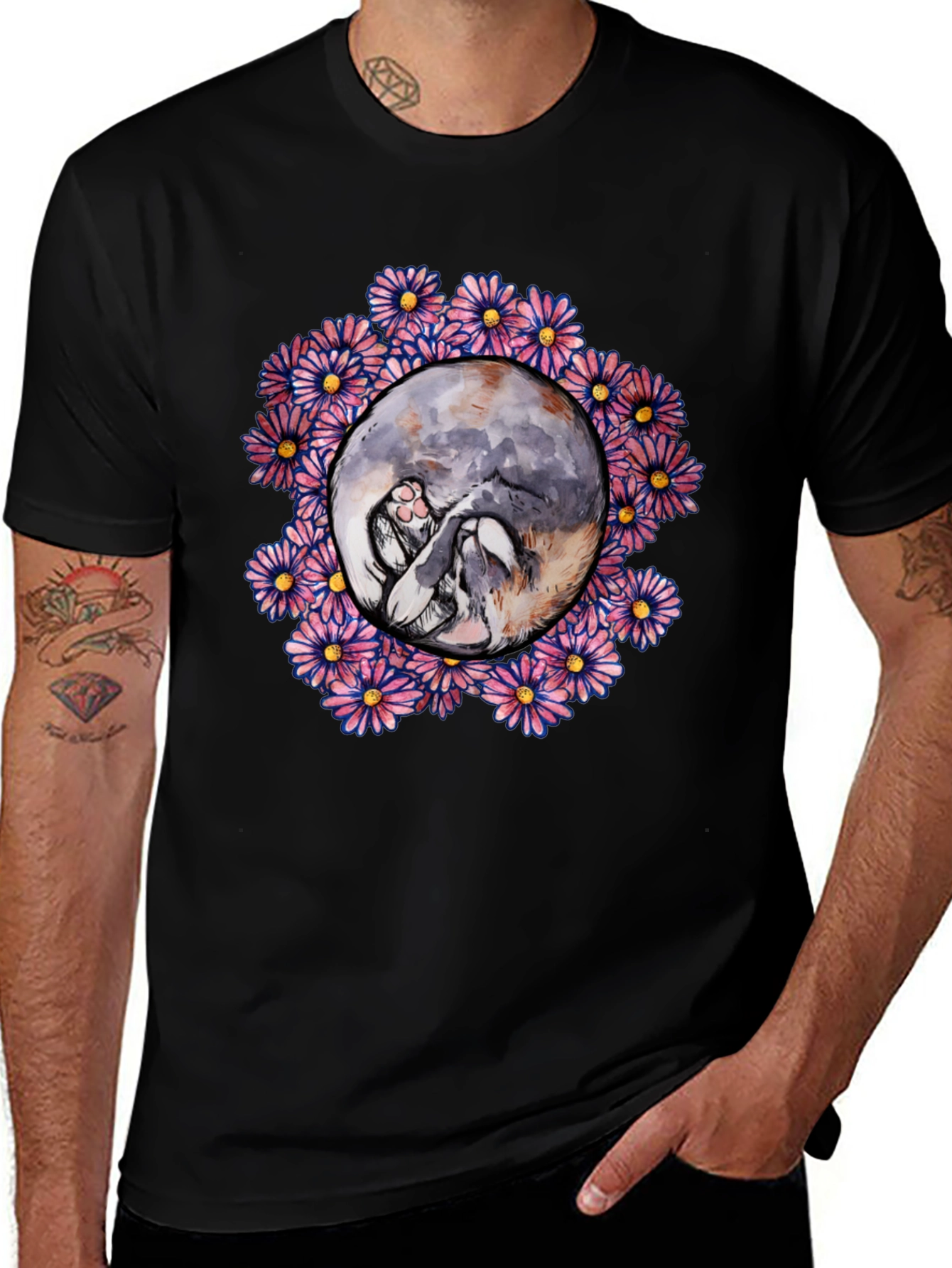 Floral Cat Circle Graphic Black T-Shirt