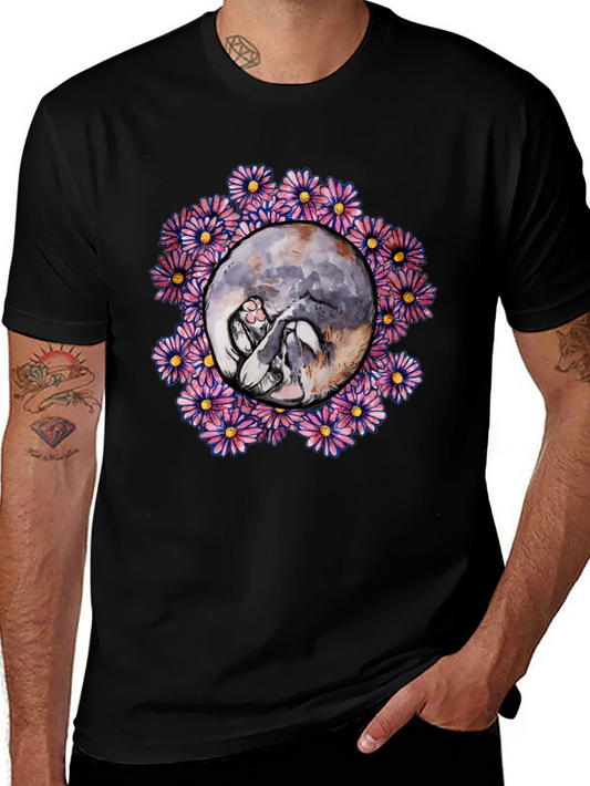 Floral Cat Circle Graphic Black T-Shirt