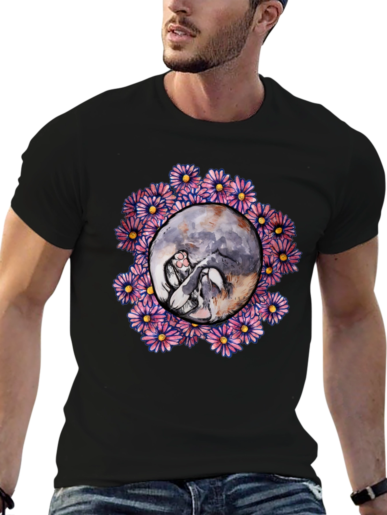 Floral Cat Circle Graphic Black T-Shirt