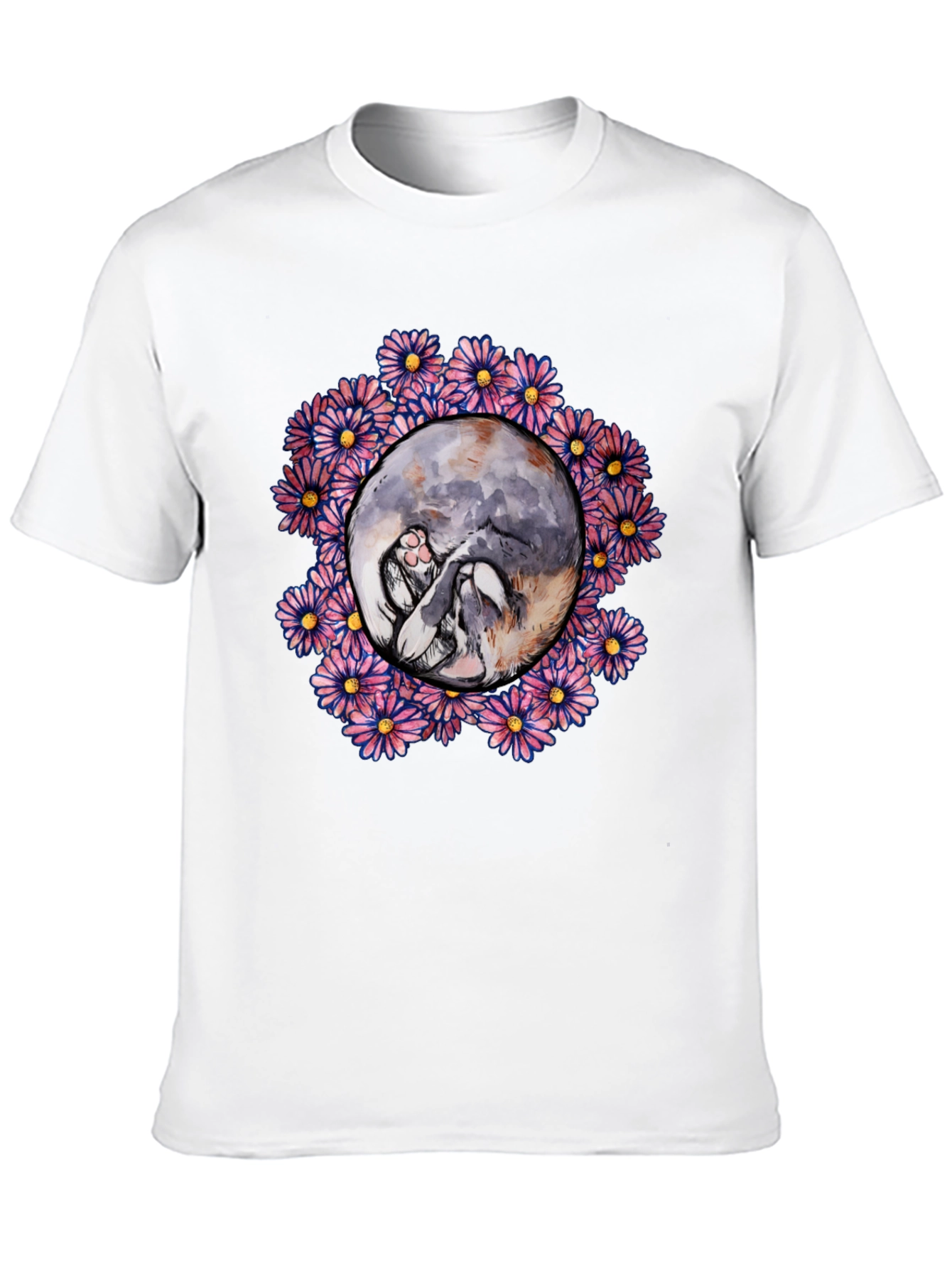 Floral Cat Circle Graphic Black T-Shirt