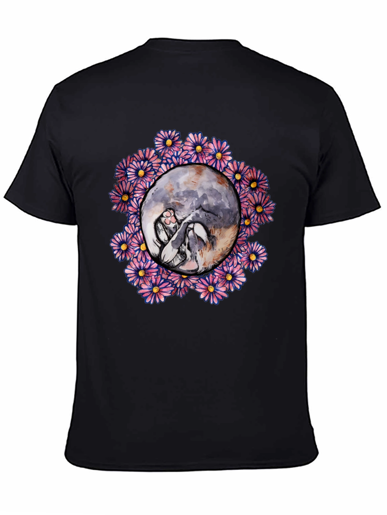 Floral Cat Circle Graphic Black T-Shirt