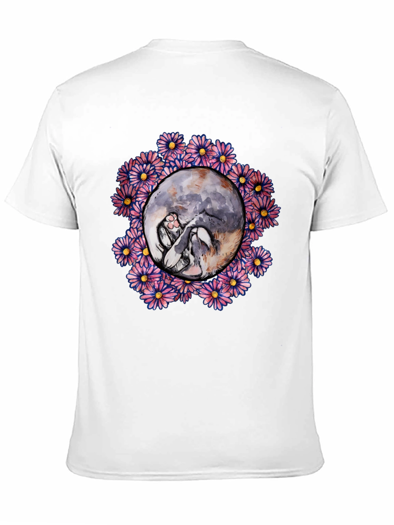 Floral Cat Circle Graphic Black T-Shirt