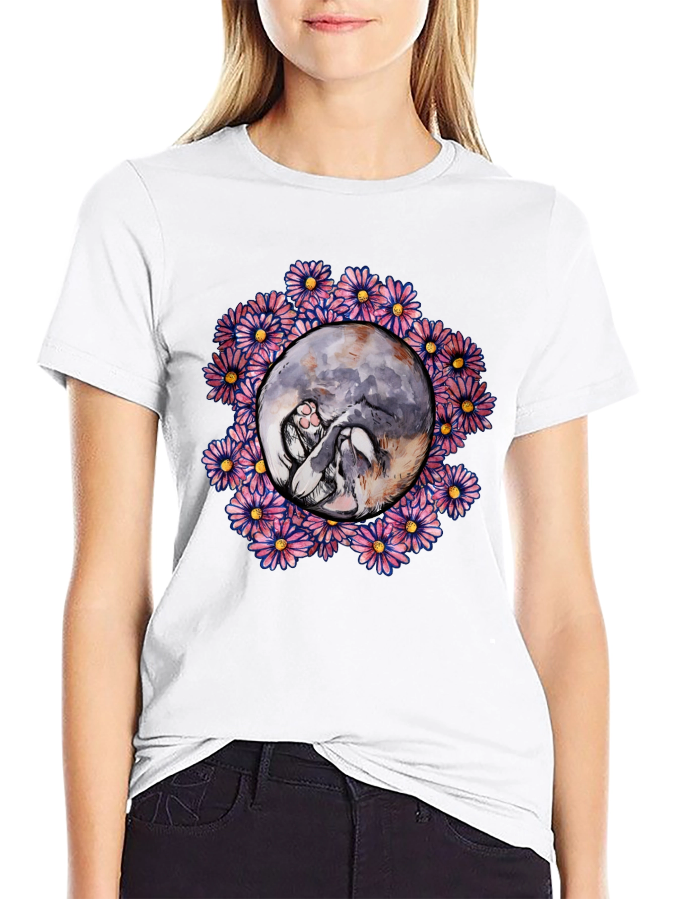 Floral Cat Circle Graphic Black T-Shirt