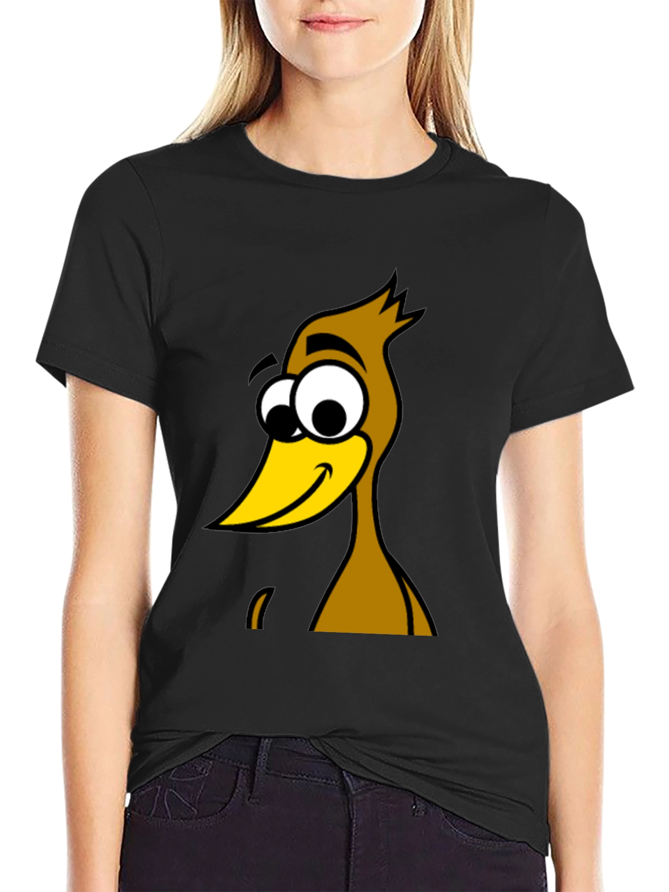 Funny Cartoon Bird Graphic Black T-Shirt
