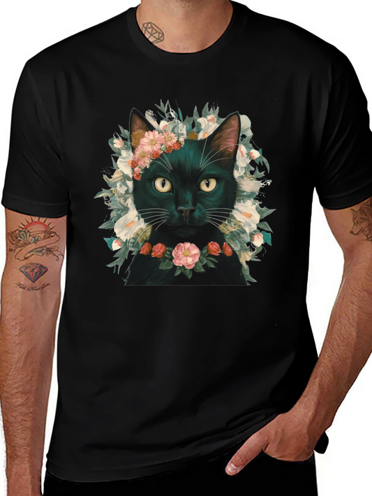 Floral Cat T-Shirt - Black