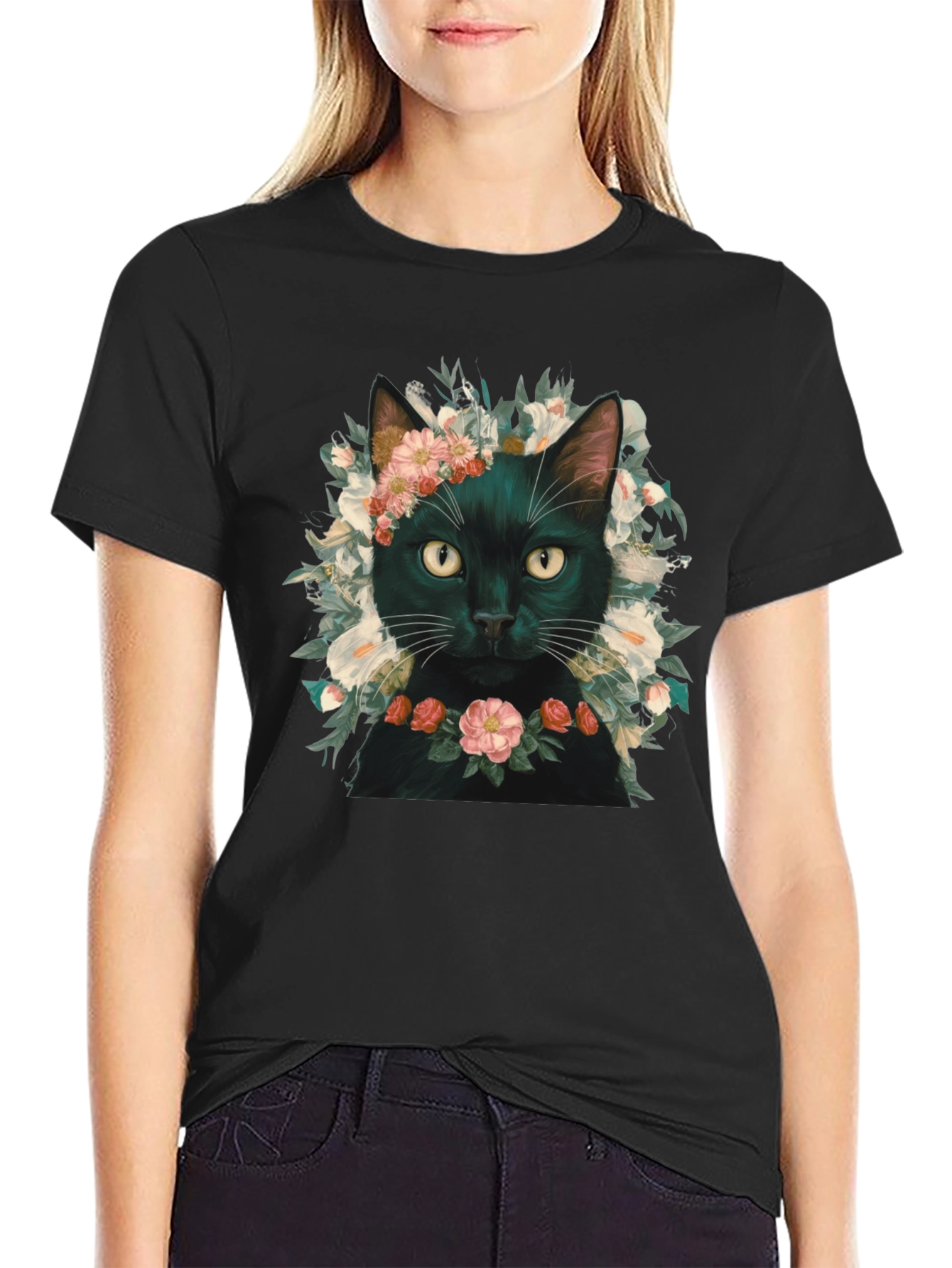 Floral Cat T-Shirt - Black
