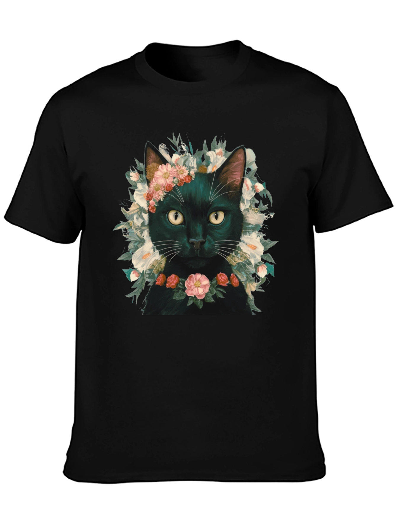 Floral Cat T-Shirt - Black