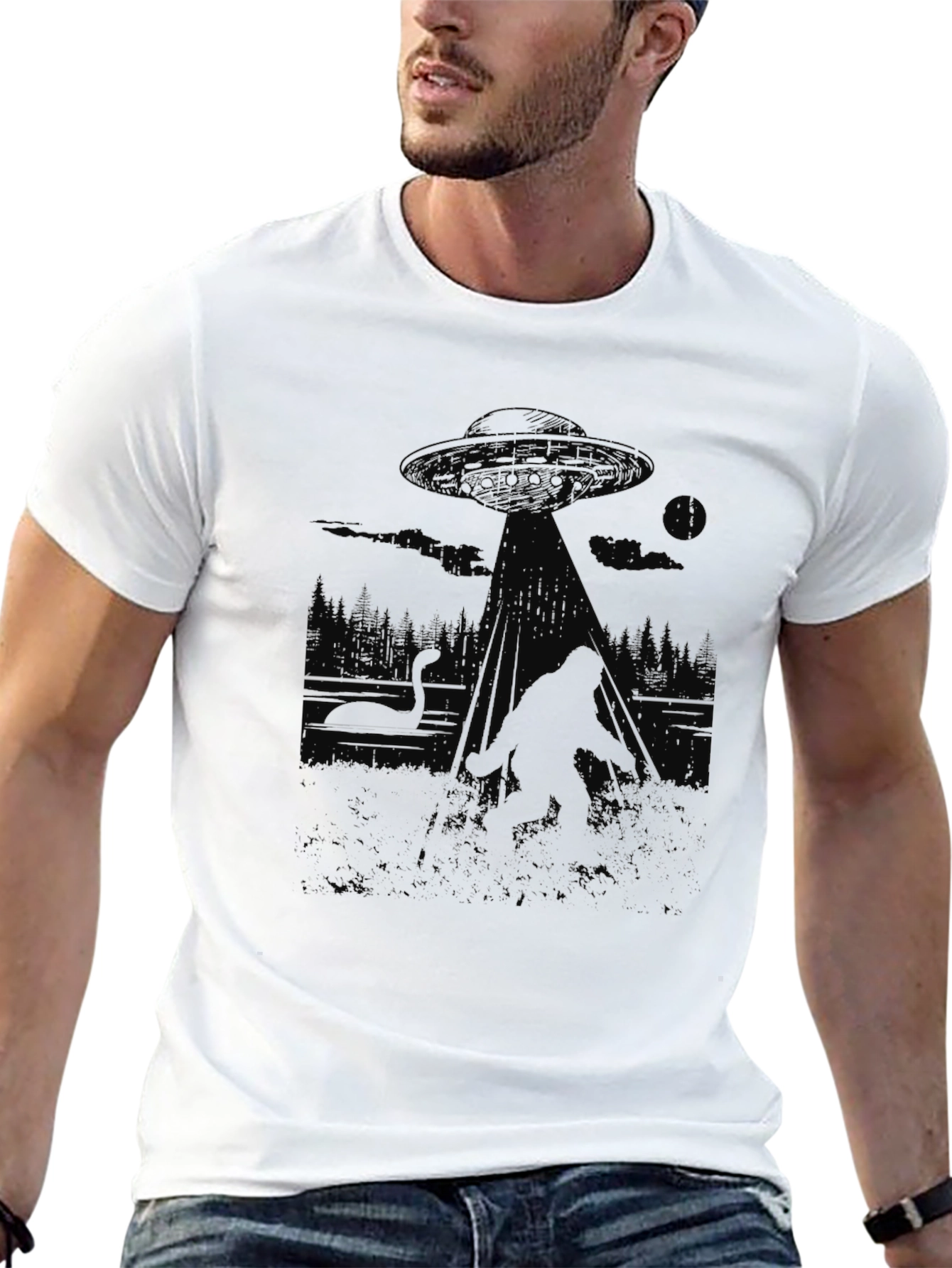 Mens UFO Bigfoot Abduction Graphic T-Shirt