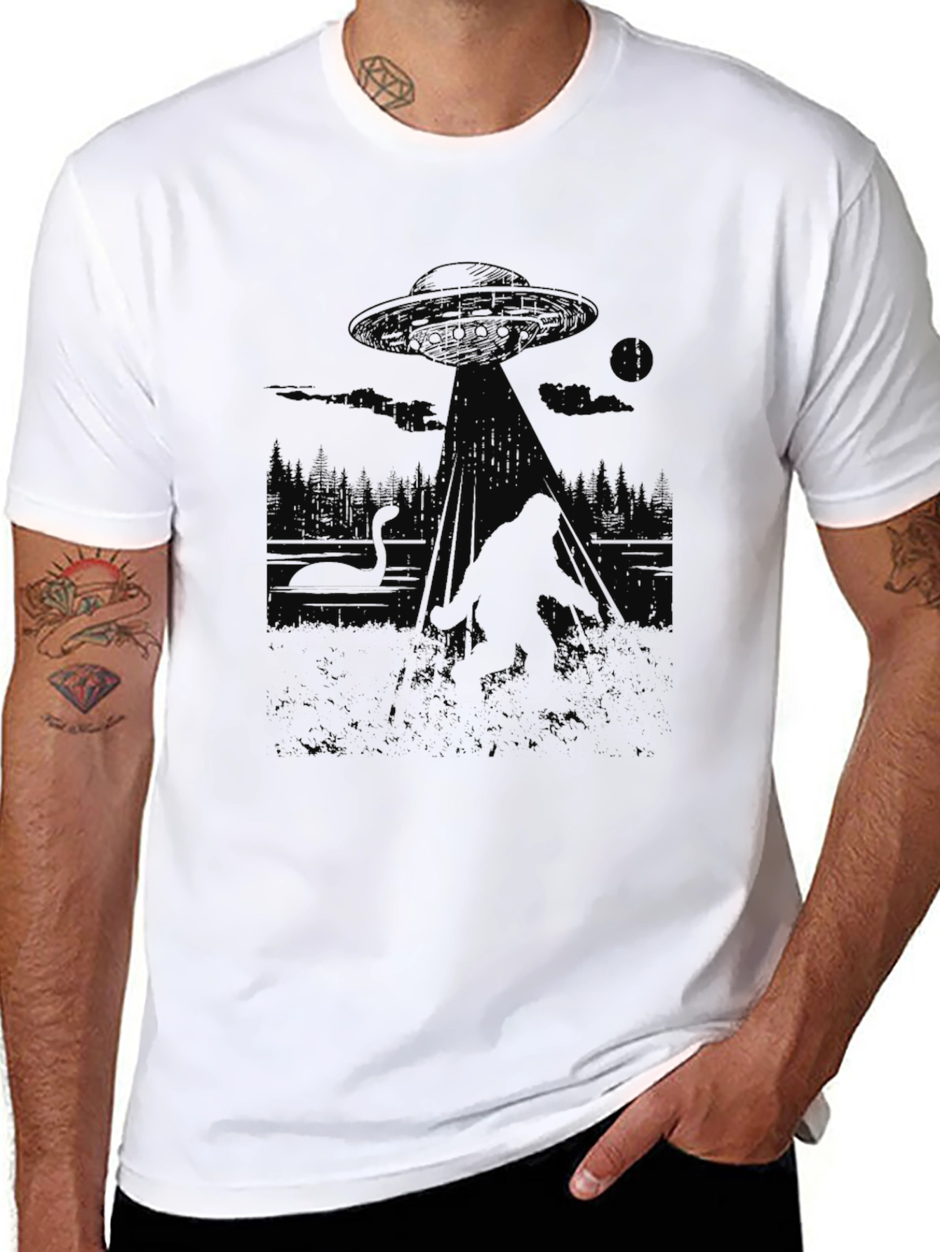 Mens UFO Bigfoot Abduction Graphic T-Shirt