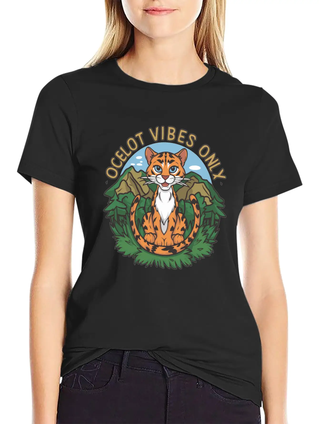 Ocelot Vibes Only Jungle Wild Cat Enthusiasts Unisex Short Sleeve Soft Cotton T-Shirt – Casual Everyday Wear