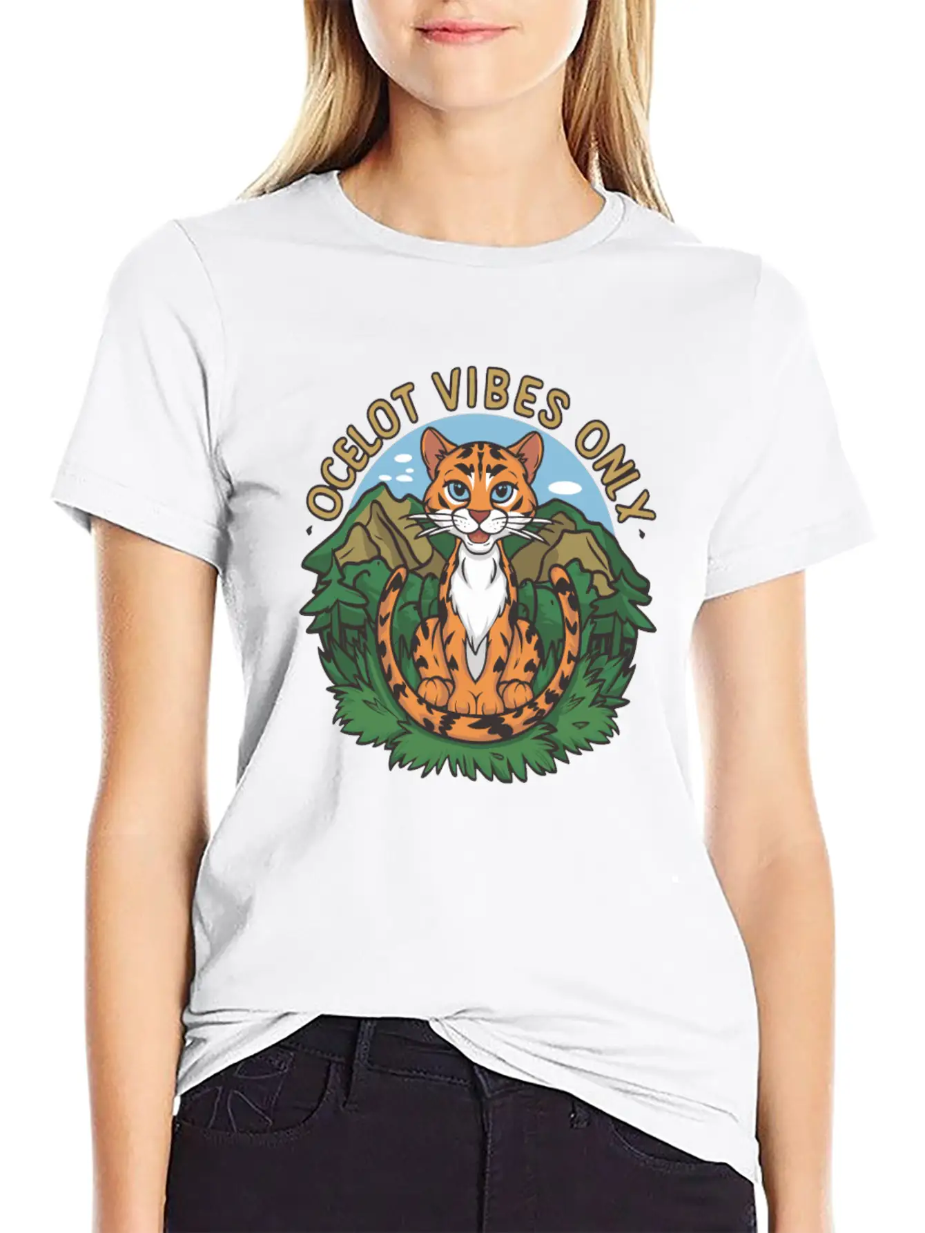 Ocelot Vibes Only Jungle Wild Cat Enthusiasts Unisex Short Sleeve Soft Cotton T-Shirt – Casual Everyday Wear