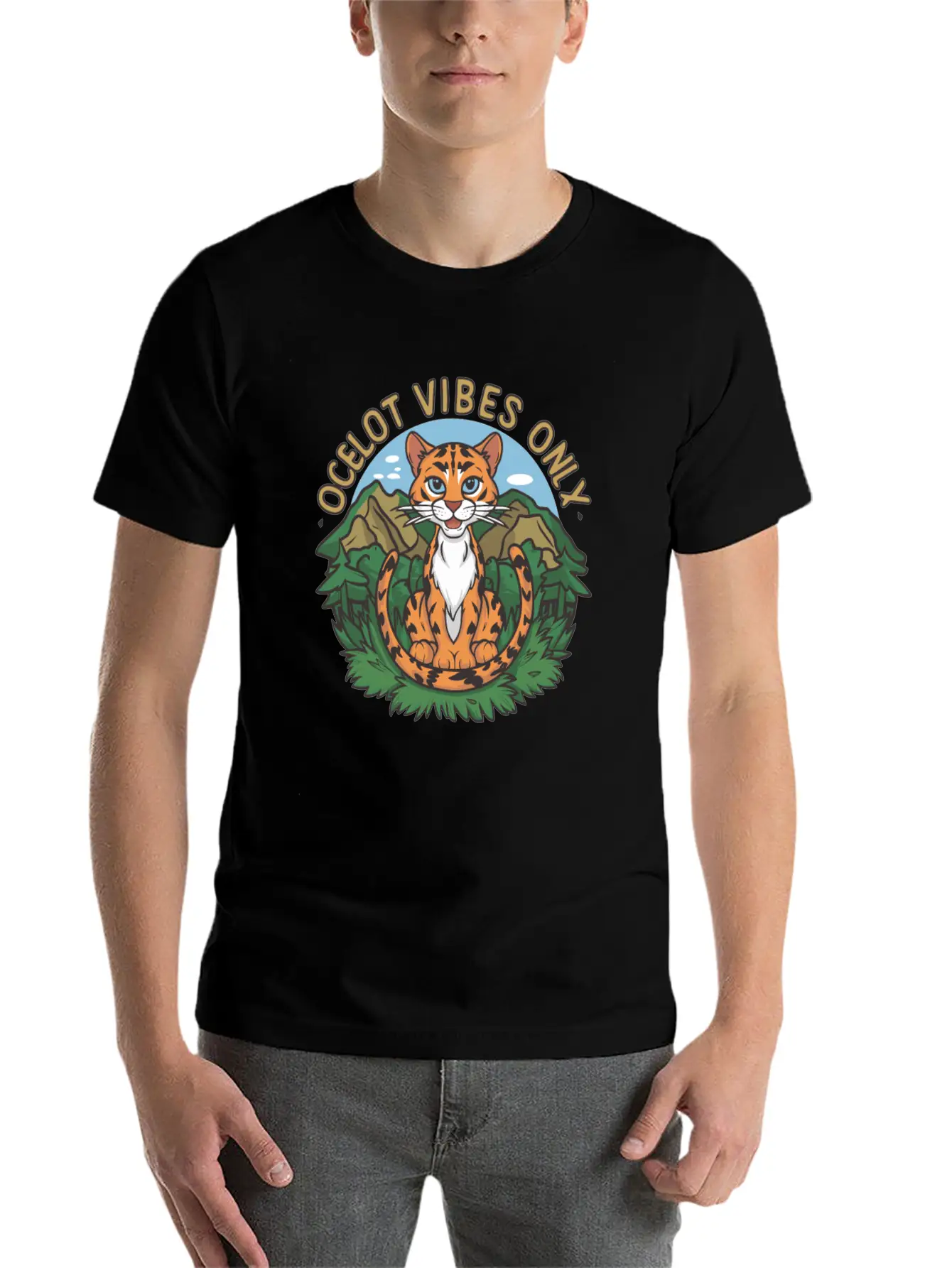 Ocelot Vibes Only Jungle Wild Cat Enthusiasts Unisex Short Sleeve Soft Cotton T-Shirt – Casual Everyday Wear