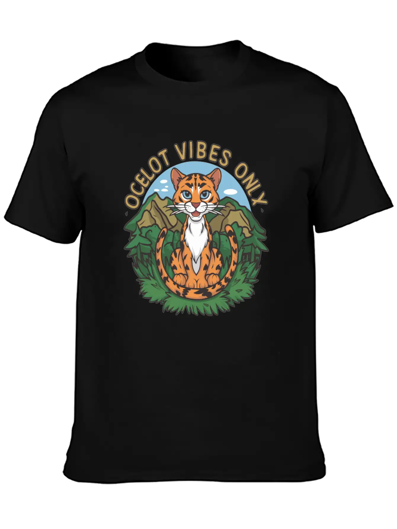 Ocelot Vibes Only Jungle Wild Cat Enthusiasts Unisex Short Sleeve Soft Cotton T-Shirt – Casual Everyday Wear