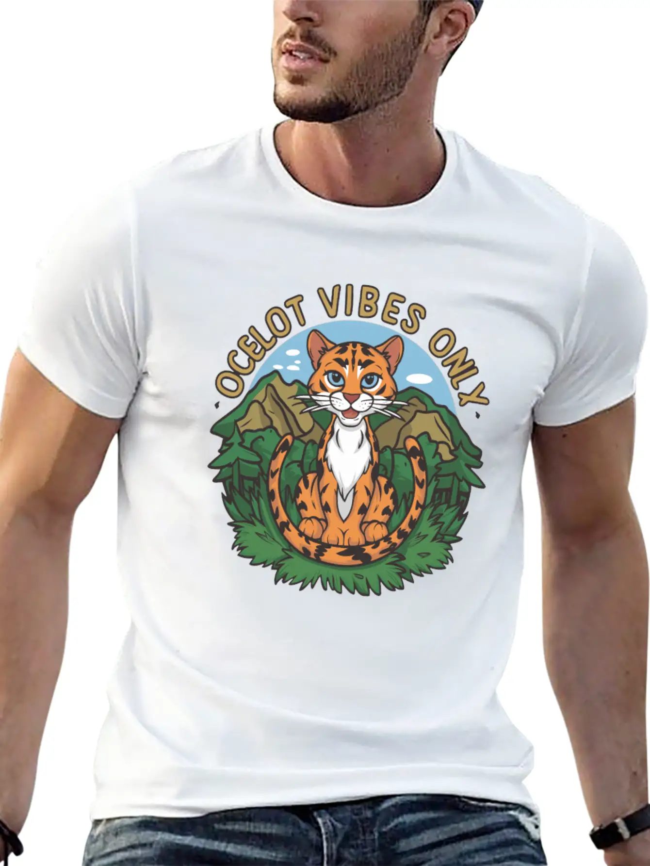 Ocelot Vibes Only Jungle Wild Cat Enthusiasts Unisex Short Sleeve Soft Cotton T-Shirt – Casual Everyday Wear