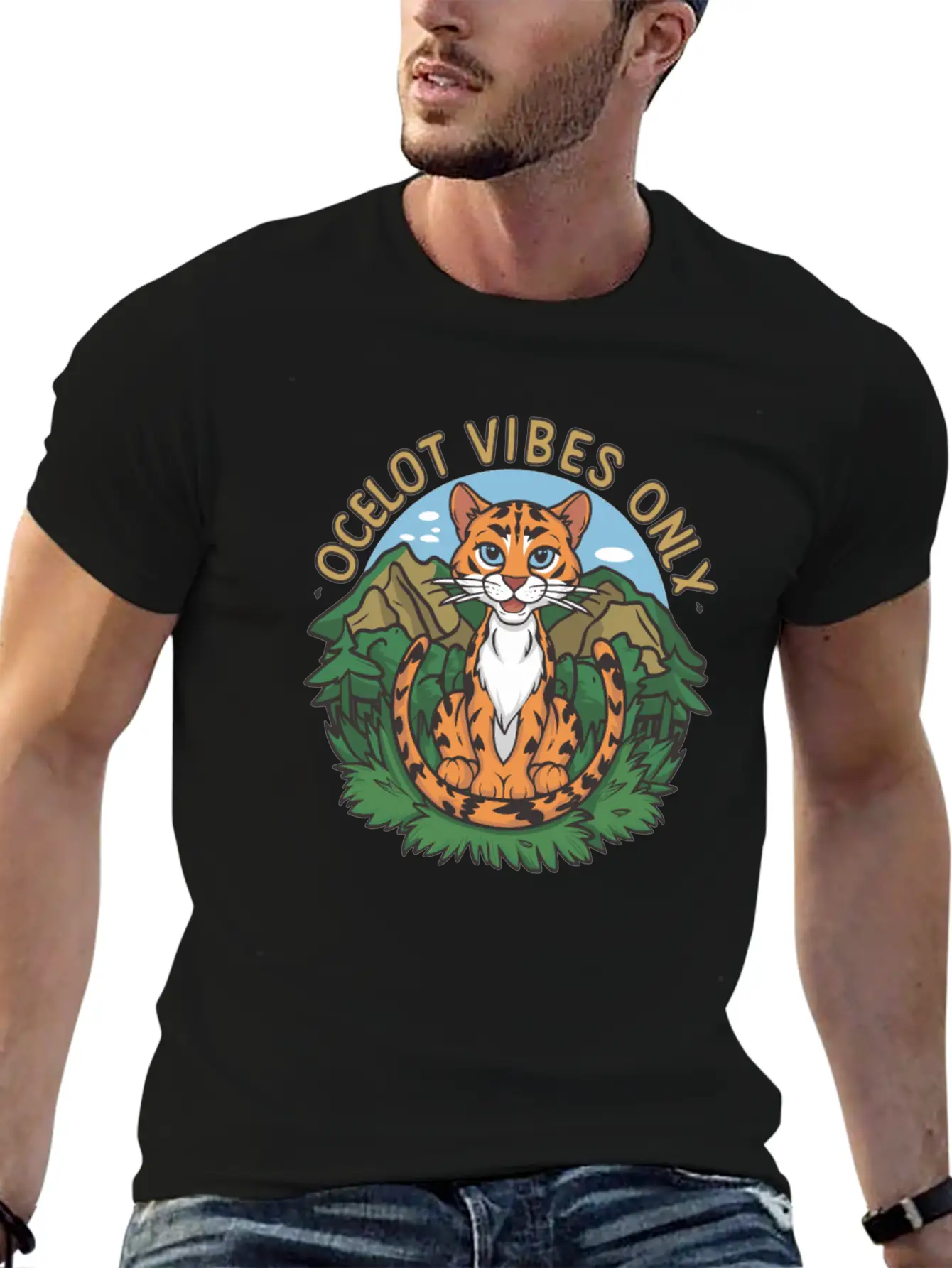 Ocelot Vibes Only Jungle Wild Cat Enthusiasts Unisex Short Sleeve Soft Cotton T-Shirt – Casual Everyday Wear